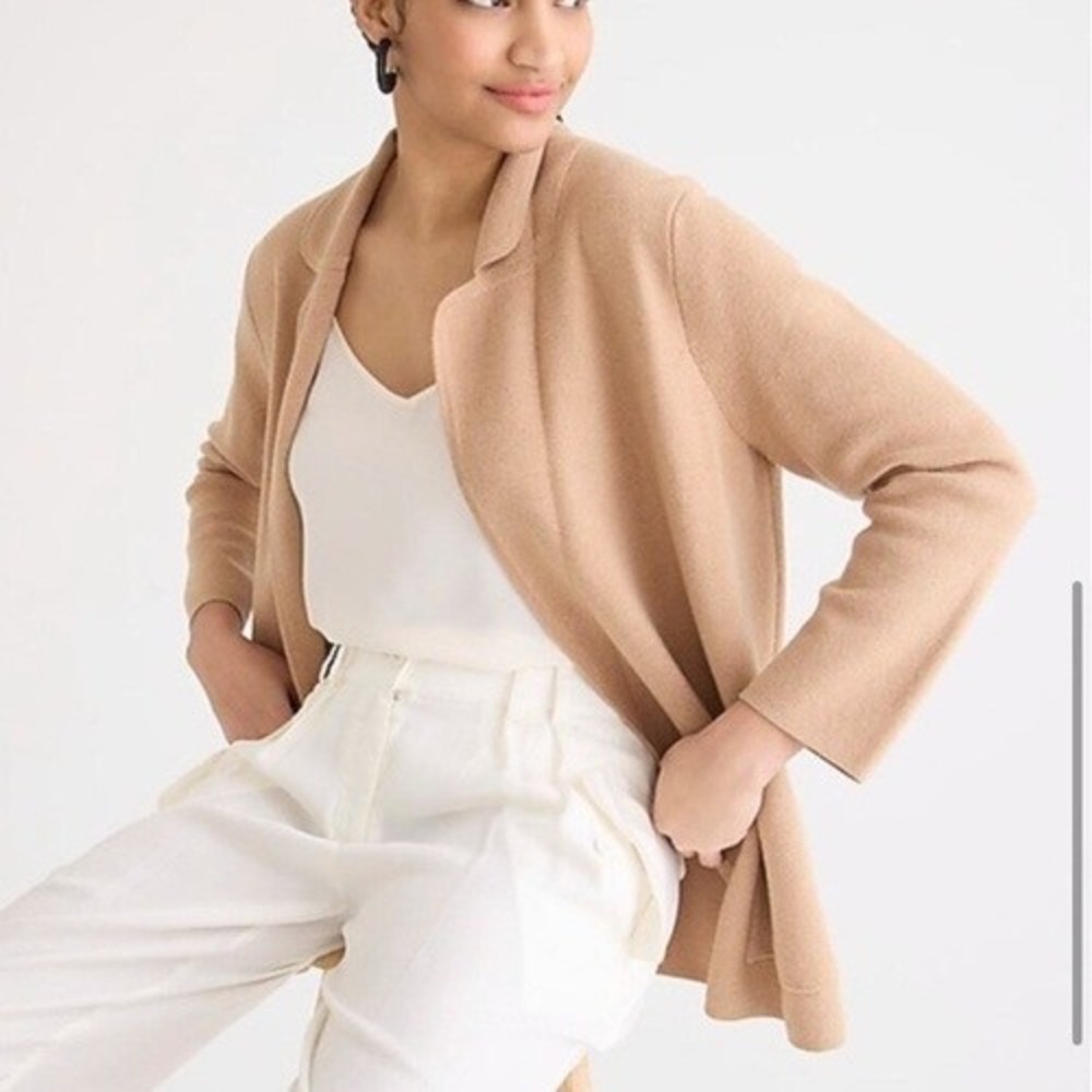 J Crew Womens Eloise Sweater Blazer Size‎ M Camel Tan Open Front Patch Pockets